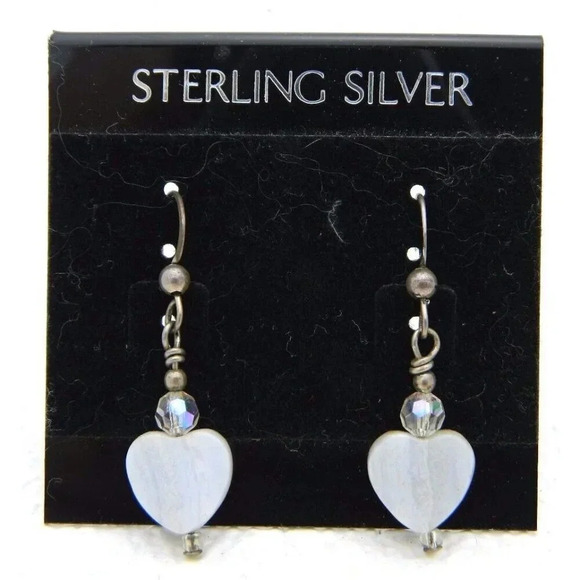 New Old Stock Sterling Silver Blue Lace Agate Crystal Heart Dangle Earring - Picture 1 of 4